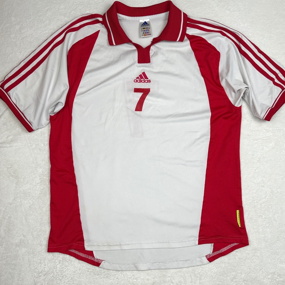 Vintage Adidas 3 Striped Mens XL Soccer‎ Jersey White Red Number 7